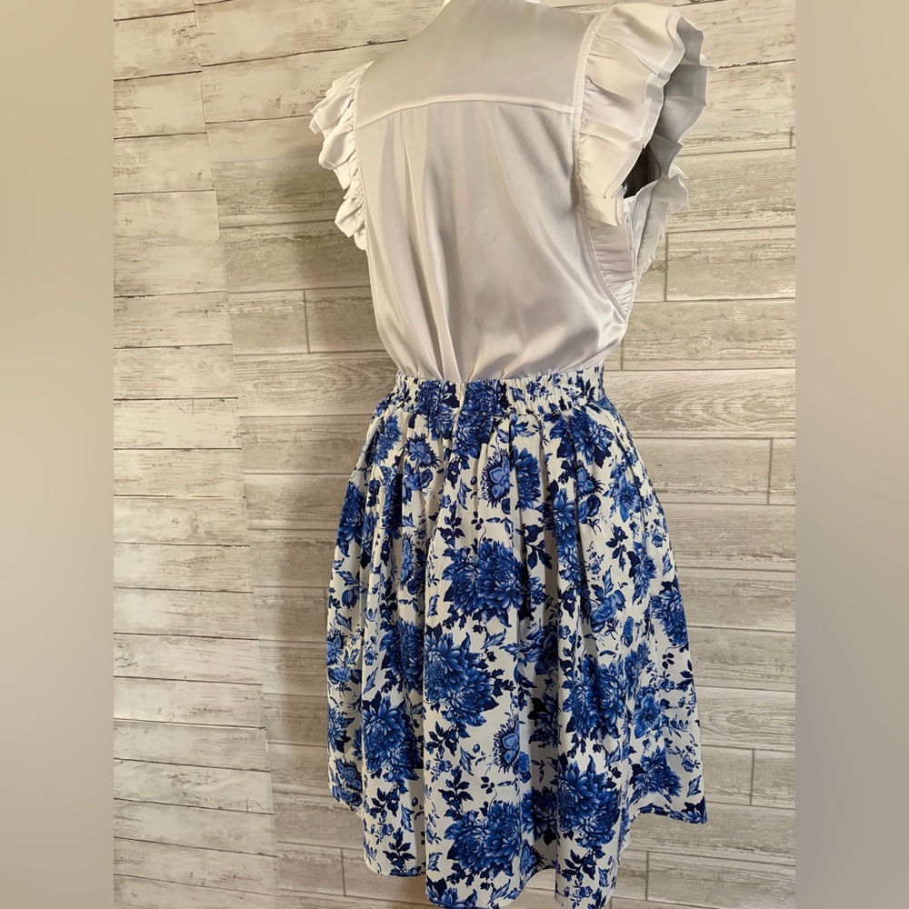 Blue Floral A-Line Skirt - White & Blue